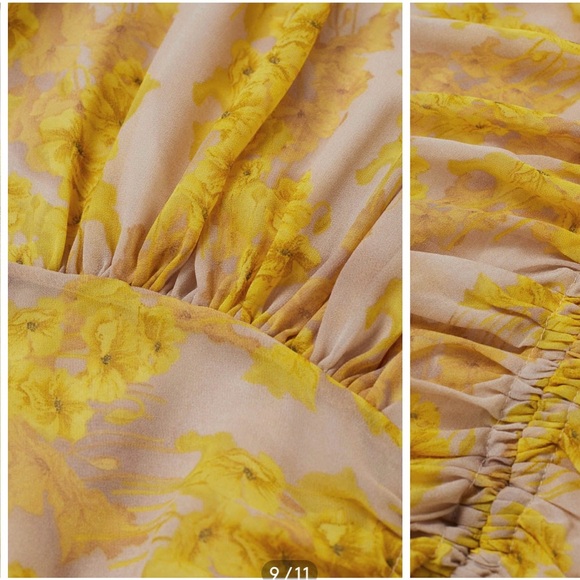 YELLOW BLOSSOM DRAWSTRING ASYMMETRIC RUFFLE MIDI DRESS - Picture 4 of 7